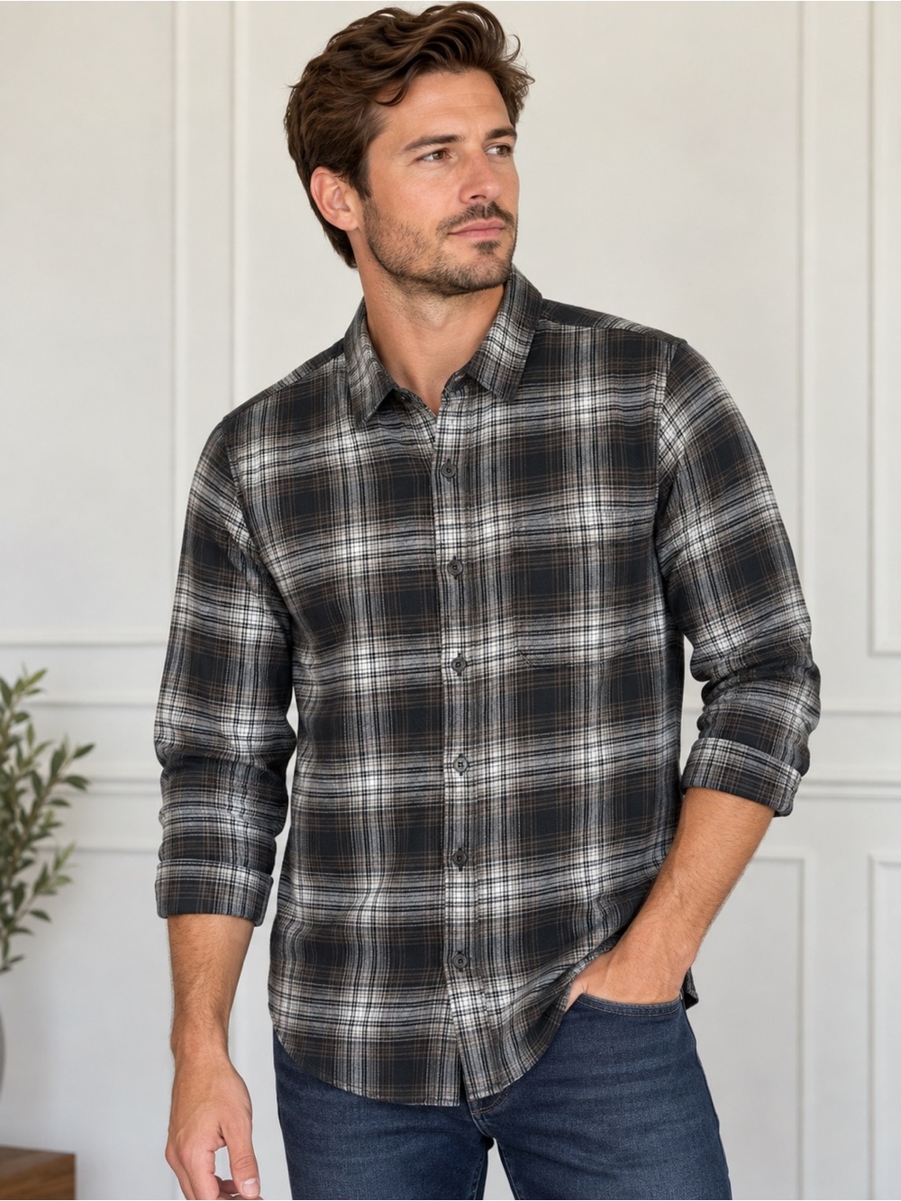 Frame Men’s Slim Black Plaid Flannel Shirt One Pocket Long Sleeves Size Medium